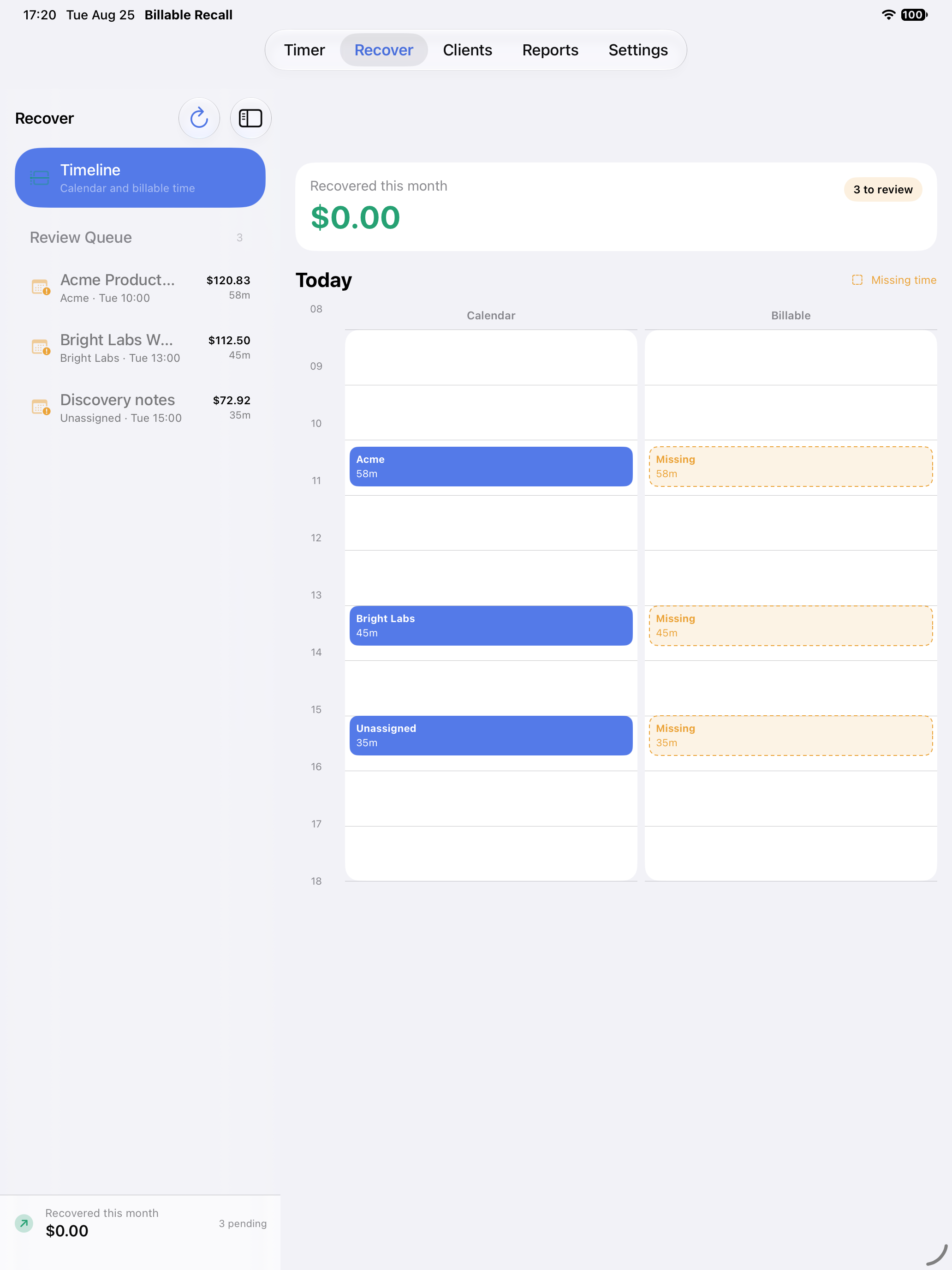 Billable Recall recovery workspace on iPad