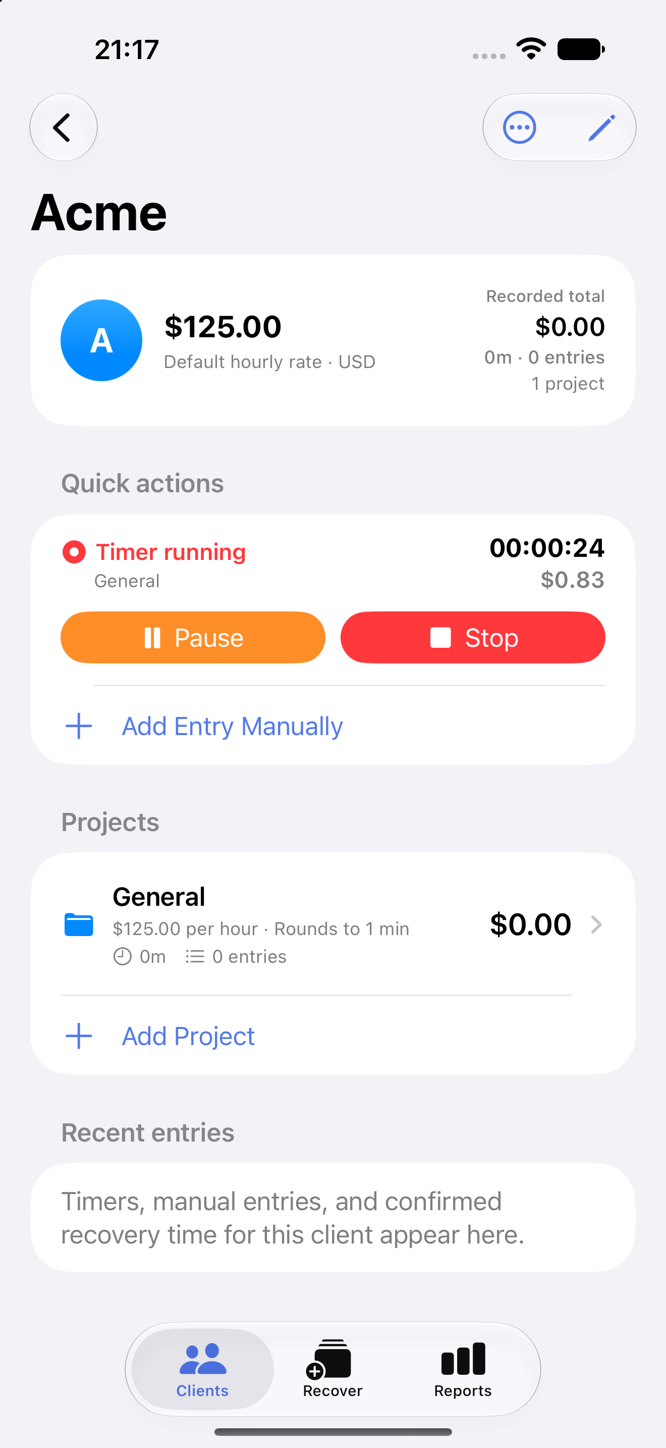 Billable Recall live client timer on iPhone